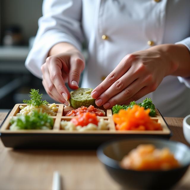 弁当を丁寧に詰める料理人の手元 (A chef's hands carefully packing a bento box)